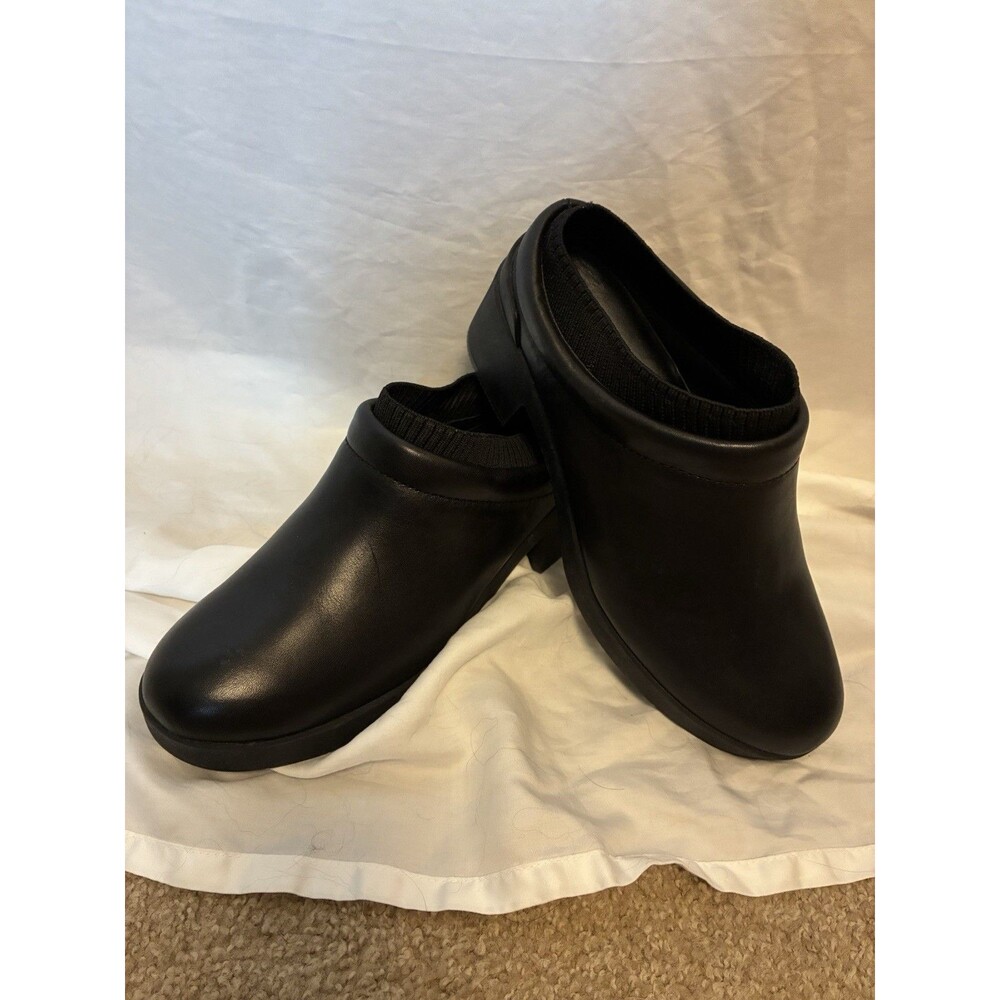 ABEO Womens Black Capital Leather Slip-On Clog Mule size 8 Low Block Heel New